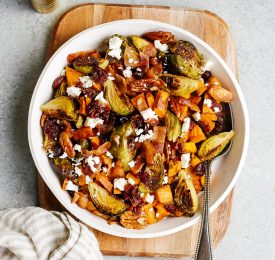 Roasted Sweet Potato and Brussels sprouts with Bacon